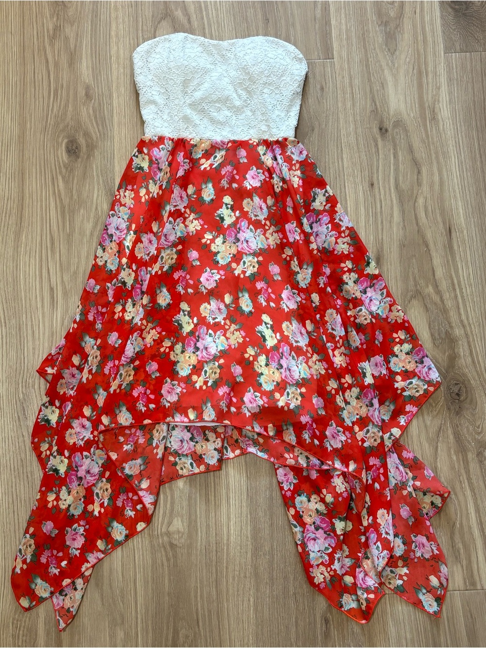 Almost Famous Strapless Lace Floral High Low Dress – Size Medium - Picture 2 of 5